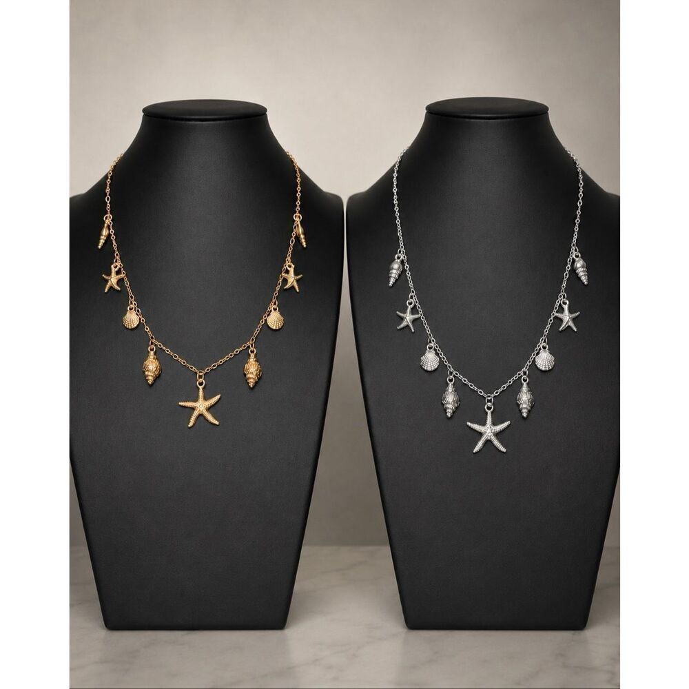 2 Beach Charm Necklace Set, Gold & Silver Tone Starfish Shell